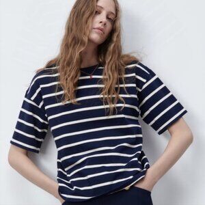 Zara Oversized Striped T-shirt Navy/White S